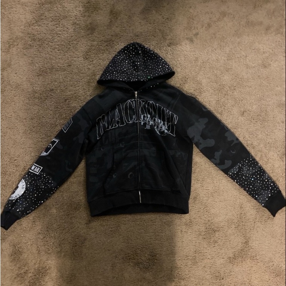 Black Graphic Hoodie with Camo Sleeves and rhinestones for design